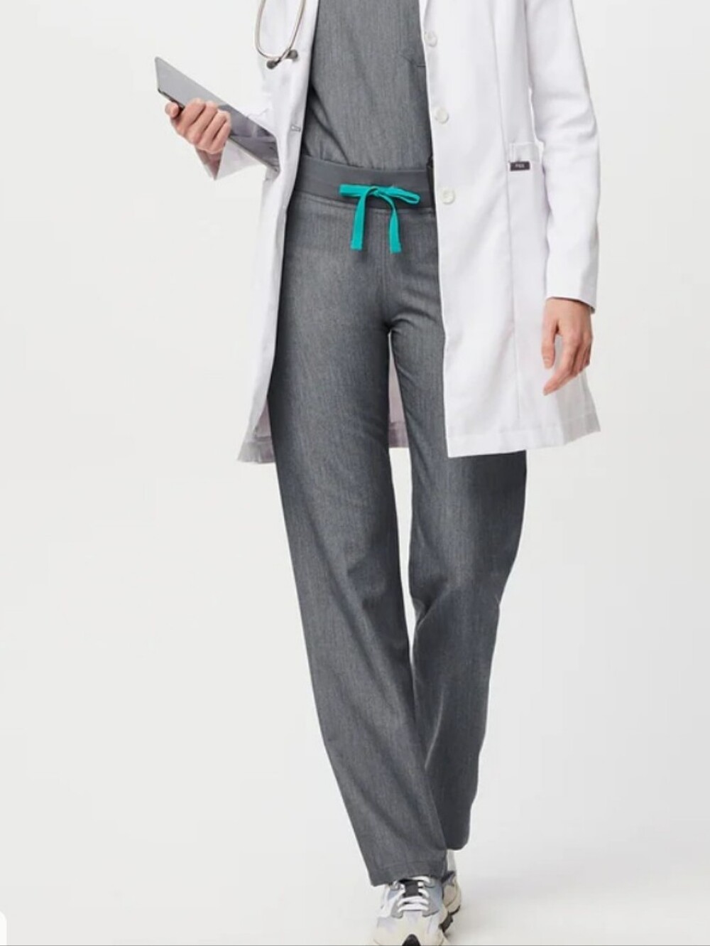 FIGS Women's Livingston Graphite Scrub Pants w/ Yoga Waistband & Teal Drawstring